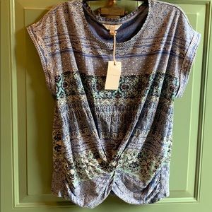 Lucky Brand Womens Blue Print Cap Sleeves Top Sz M